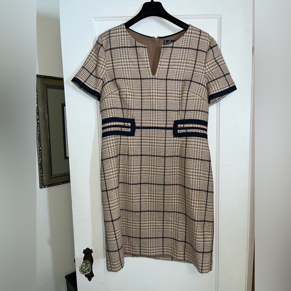 Boden Tan and Navy Plaid Midi Dress